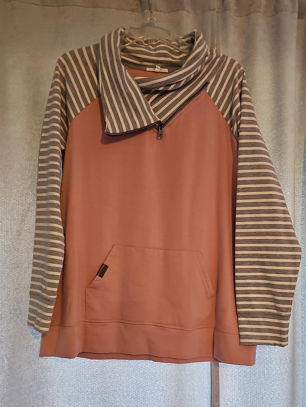 Maurices Rose Dusty Pullover with Gray and White Striped Sleeves